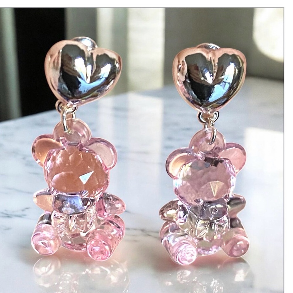 Pink crystal cut gummy Bear Earrings with silver posts